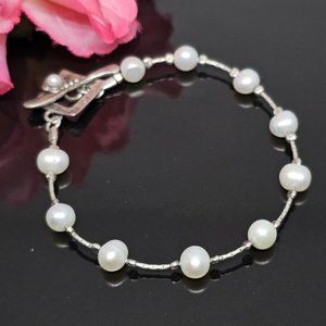 925 Sterling Silver - Vintage Freshwater Pearls Beaded Chain Bracelet Toggle
